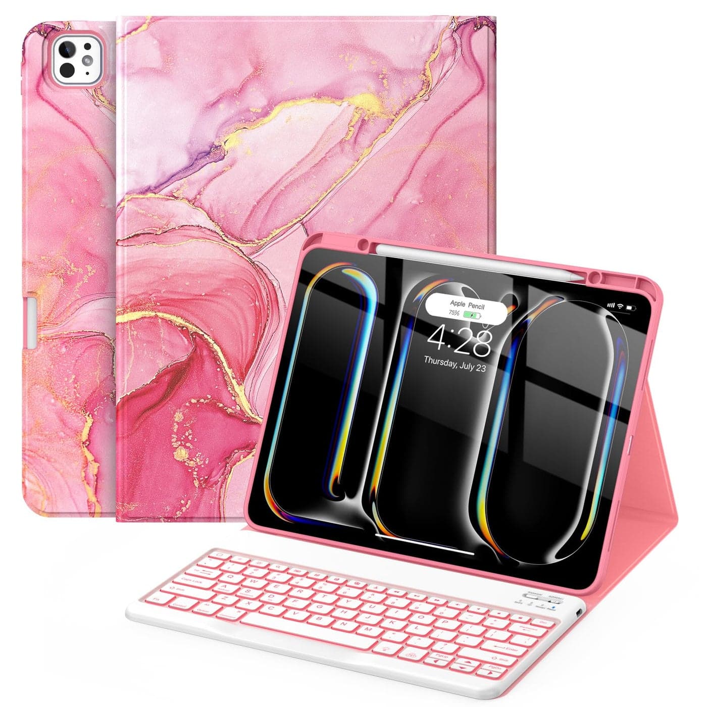Soke Keyboard Case for iPad Pro 13 Inch M4 2024 Magnetic Detachable Wireless Keyboard 7 Colors Backlight Keys Folio Stand TPU Back Cover with Pencil Holder for iPad Pro 13 Red Marble