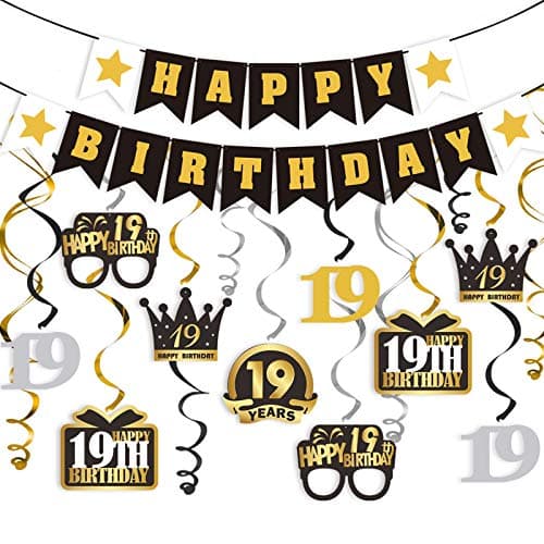LINGTEER Happy 19th Birthday Decorations Set 12Pcs Black Gold Swirls StreamerHappy Birthday Bunting BannerCheers to Nineteen Years Old Bday Party Decorations Gift Sign