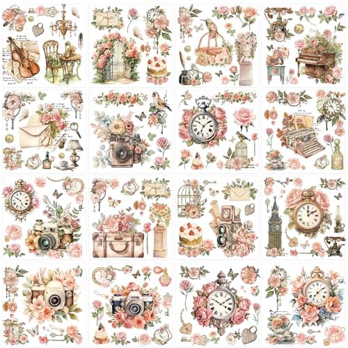 Vintage Floral Rub on Transfers for Crafts 16 Pcs Pink Rub on Transfers for Furniture Stickers with Flowers Clock Camera Designs DIY Craft for Wood Glass Furniture Home Decor