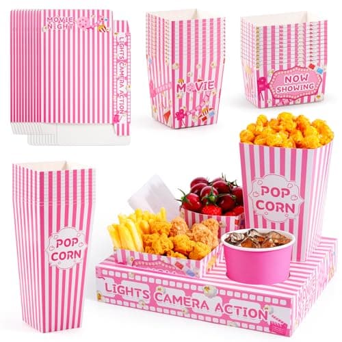 ARQRHTLY 48 Pcs Movie Night Party Supplies Include 12 Paper Snack Trays 12 Popcorn Buckets 12 Snack Boxes 12 Food Bowls, Disposable Cinema Theater Accessories for Family Outdoor Party Birthday (Pink)