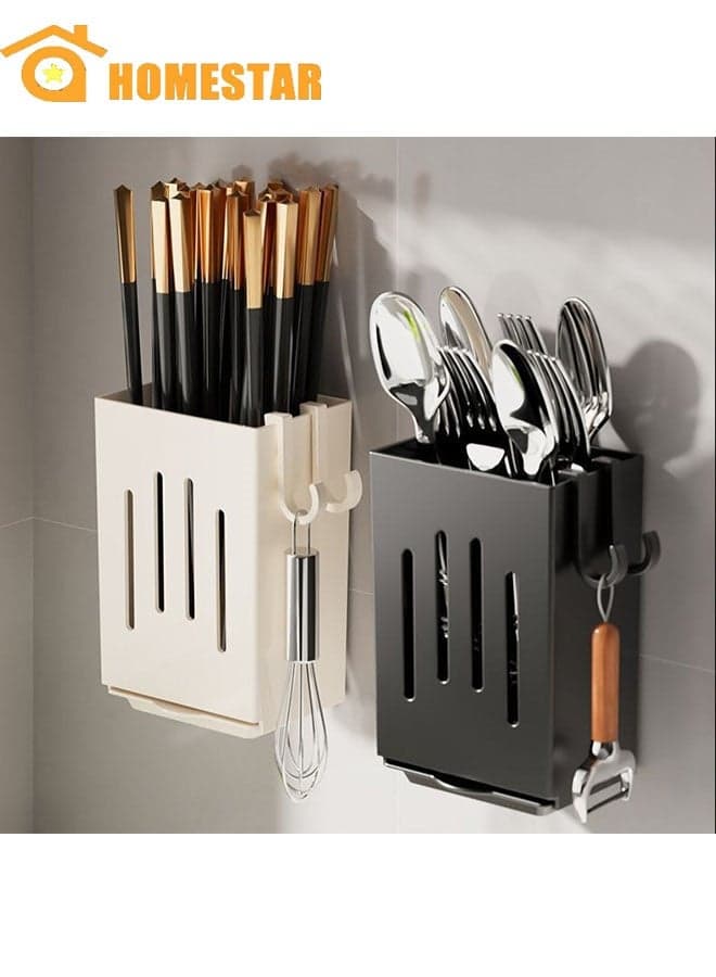 2Pcs Multifunctional Cutlery Holder, Utensil Storage Stand with Draining Tray, Wall-Mounted Freestanding Spoons and Forks Rack Organizer, Thickened ABS Material for Kitchen