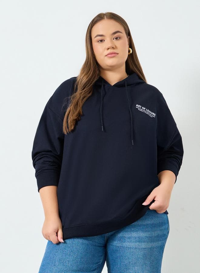 Plus Size Navy Blue Slogan Print Longline Hoodie