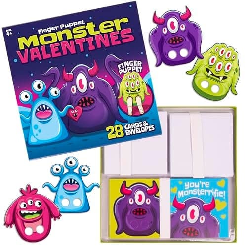Kangaroo 28 Pack Monster Finger Puppets Valentines Day Cards with Envelopes Bulk Funny Valentines Crafts Activities for Kids Classroom Valentines Day Cards for Kids School Party Favors Goodie Bags Gift Ideas for Class
