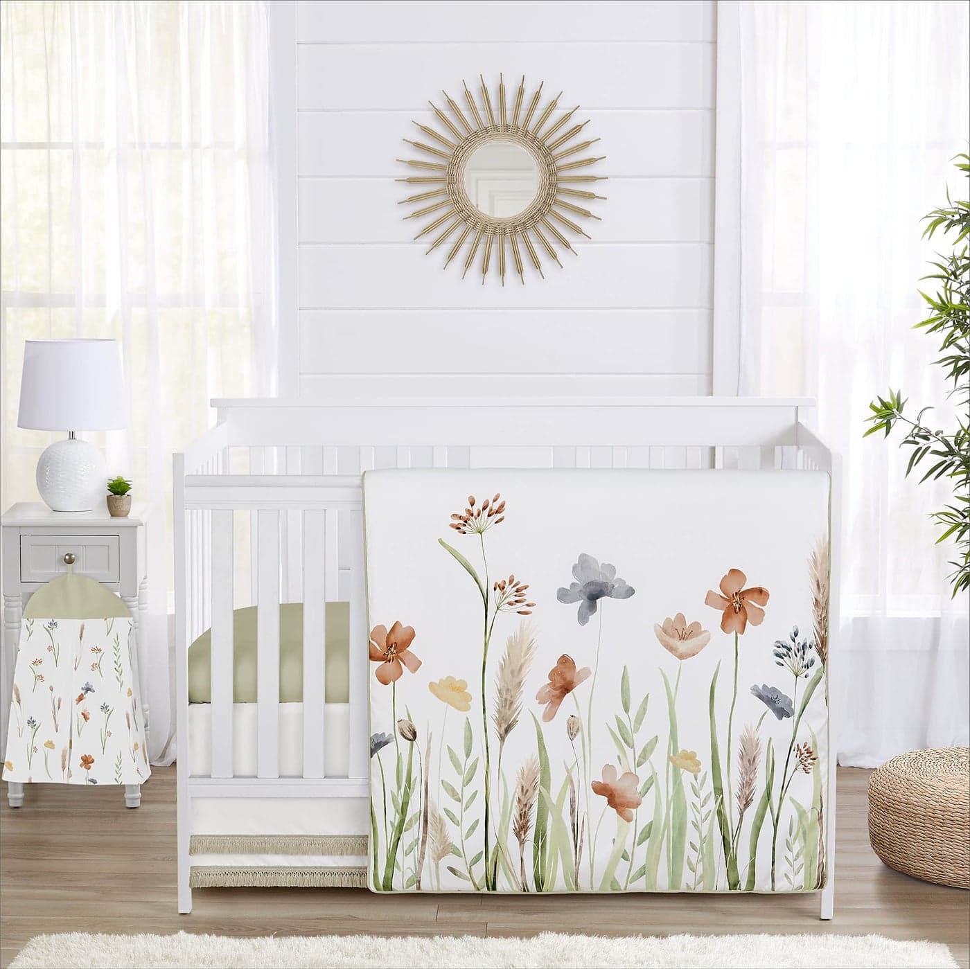 Sweet Jojo Designs 4Piece Baby Crib Bedding Set Green Boho Floral for Girls InfantsNursery incl Blanket Fitted Sheet Skirt Diaper Stacker Flower Garden Bohemian Farmhouse Wildflower