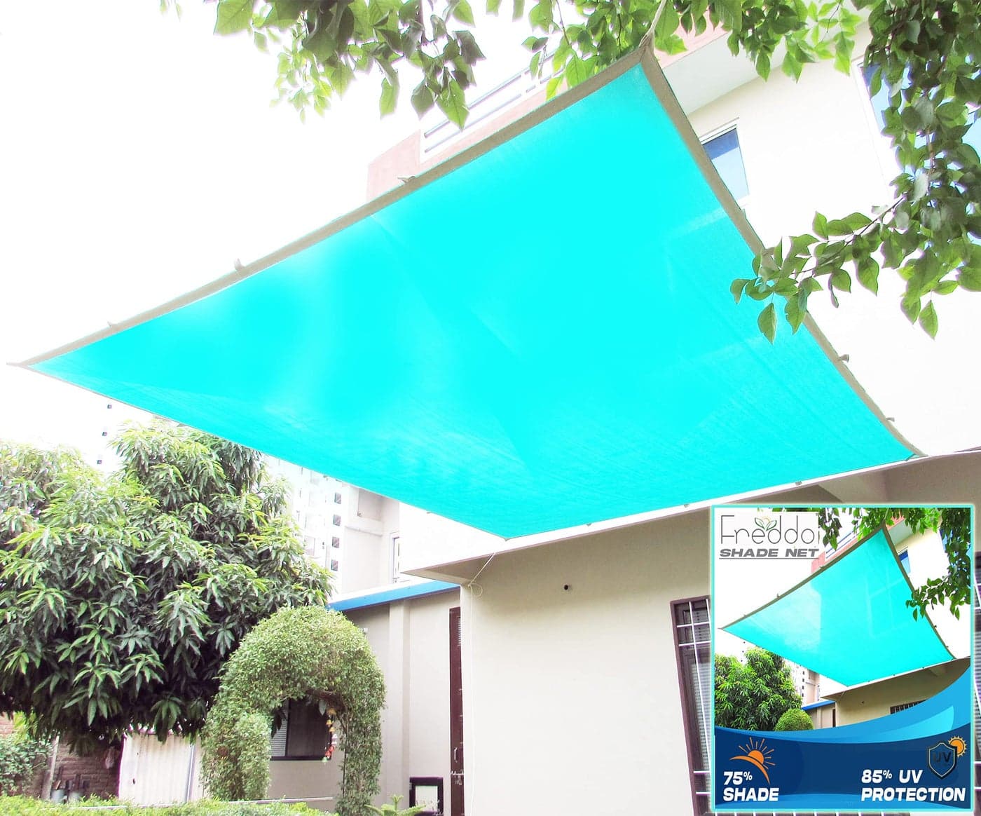 FREDDO HDPE Fabric Cotton Webbing Sun Shade Sails 75-80% Protection from Sun & UV Rays Ideal for Car Parking, Outdoor Garden, Balcony, Patio, Green Color, 10 ft x 7 ft, Pack of 1 Piece