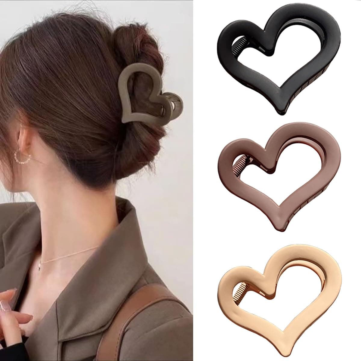 3Pcs Cute Medium Matte Acrylic Hair Claw Clips Love Heart Jaw Clips for Women Valentines Day Party Hair Styling Accessories Black Coffee Brown