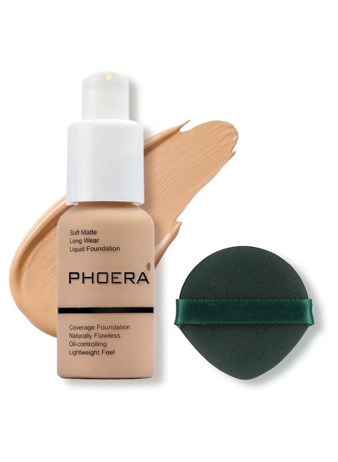 PHOERA Foundation Makeup Naturally Liquid Foundation Full Coverage Mattle Oil-Control Concealer 8 Colors Optional,Great Choice For Gift (#104 Buff Beige)