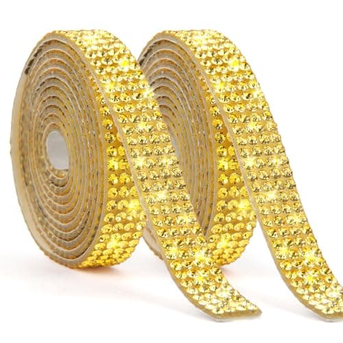 Self Adhesive Rhinestone Ribbons 2 Rolls 2 Yard Gold Resin Rhinestone Strips Diamond Rhinestone Ribbon Roll Stickers Glitter Bling Ribbon Rows Tape for DIY Crafts Fabric Car Shoes Dcor