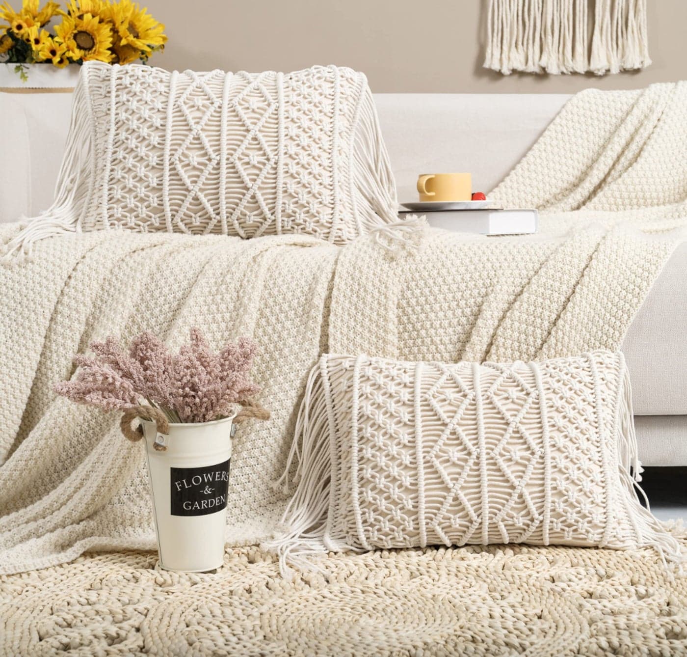 Homesunshine Macrame Lumbar Pillow Cover-Set of 2 with Tassels Rectangualr Cushion Covers Boho Throw Pillow Cover for Couch, Sofa, Bed, Farmhouse, Chair, Dining, Patio, Outdoor, car (B)