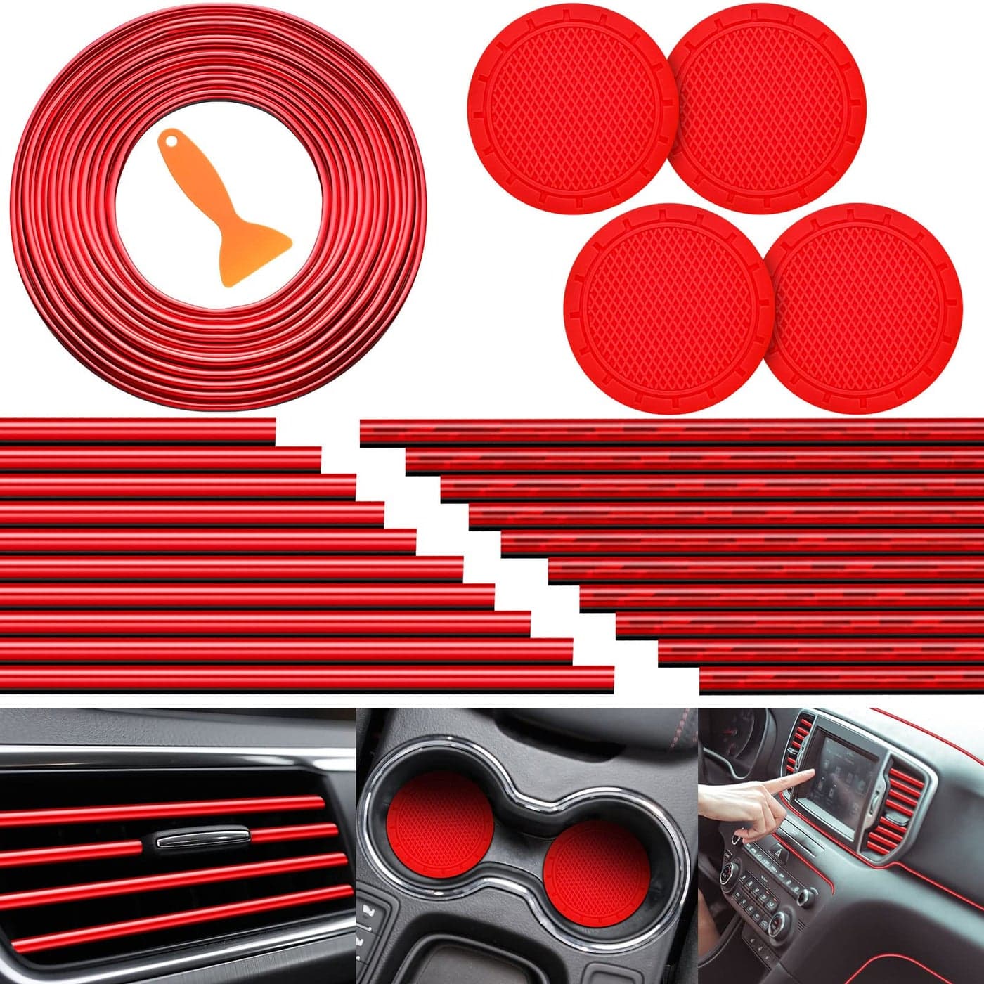 Frienda 25 Pack Universal Car Vent Trim Strips and Cup Mats Set 20 Pcs 16 Feet Air Conditioner Outlet Decor with Installation Tool 4 Pcs Non Slip Cup Holders Mats DIY Trim AccessoriesRed