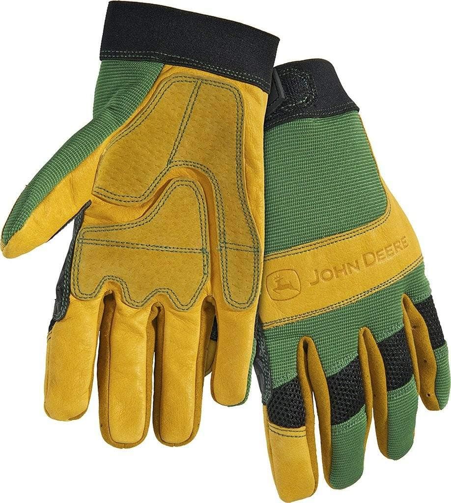 John Deere JD00009 Leather Gloves - XX-Large, Grain Cowhide Leather Palm, Spandex Back, Hook and Loop Wrist,Yellow/Green