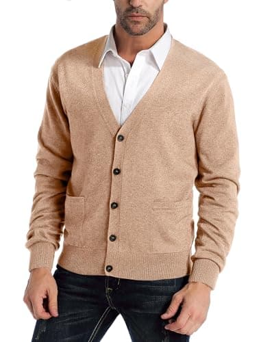 Kallspin Men's Cardigan Sweaters Wool Blend V Neck Button Down Sweaters with Pockets(Coffee, X-Large)