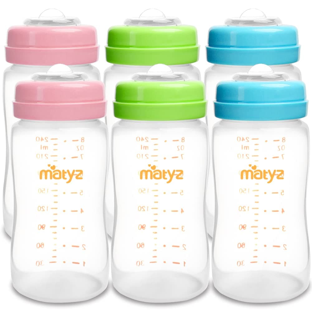 Matyz 6Pack Breast Milk Storage Bottles 8 Ounce 3 Colors Wide Neck Breastmilk Collection and Storage Bottle Formula Storage Bottles Compatible with Medela Avent Spectra Pumps