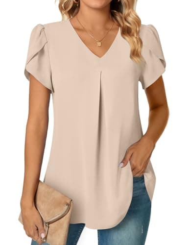 Anyally Women's Plus Size Summer Tunic Tops Dressy Casual Chiffon Blouses Short Sleeve T-Shirts for Leggings, L Khaki