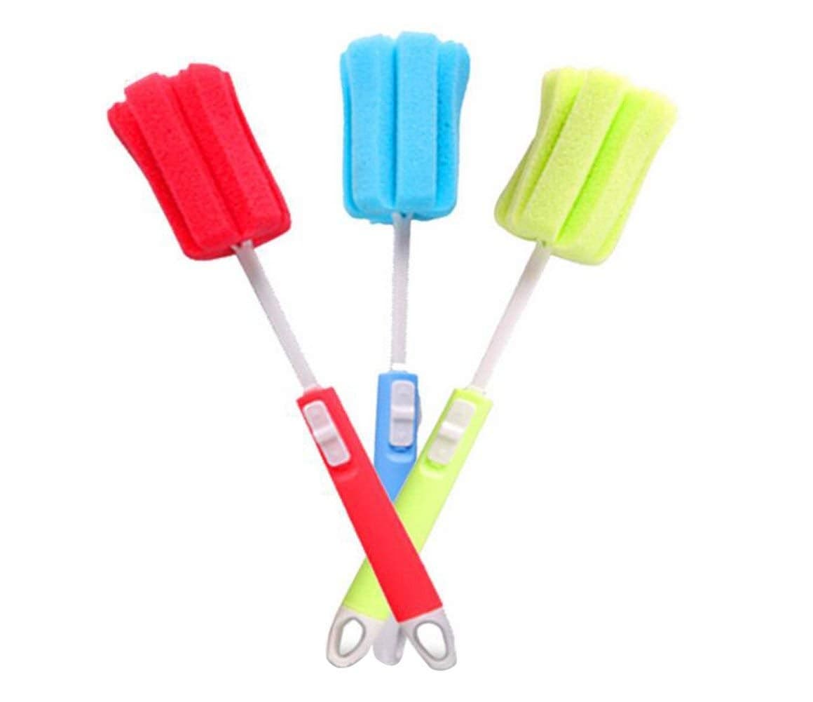 ericotry 3PCS Dishwashing Foam Sponge Brush with Adjustable Long Handle Bottle Scrubber Cleaning Sponges Brushes Cleaner Soft for Baby Bottle Kitchen Clean Glasses Mugs Cups Color Random