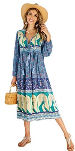 R.Vivimos Women's Long Sleeve Floral Print Retro V Neck Tassel Bohemian Midi Dresses (Small, Blue)