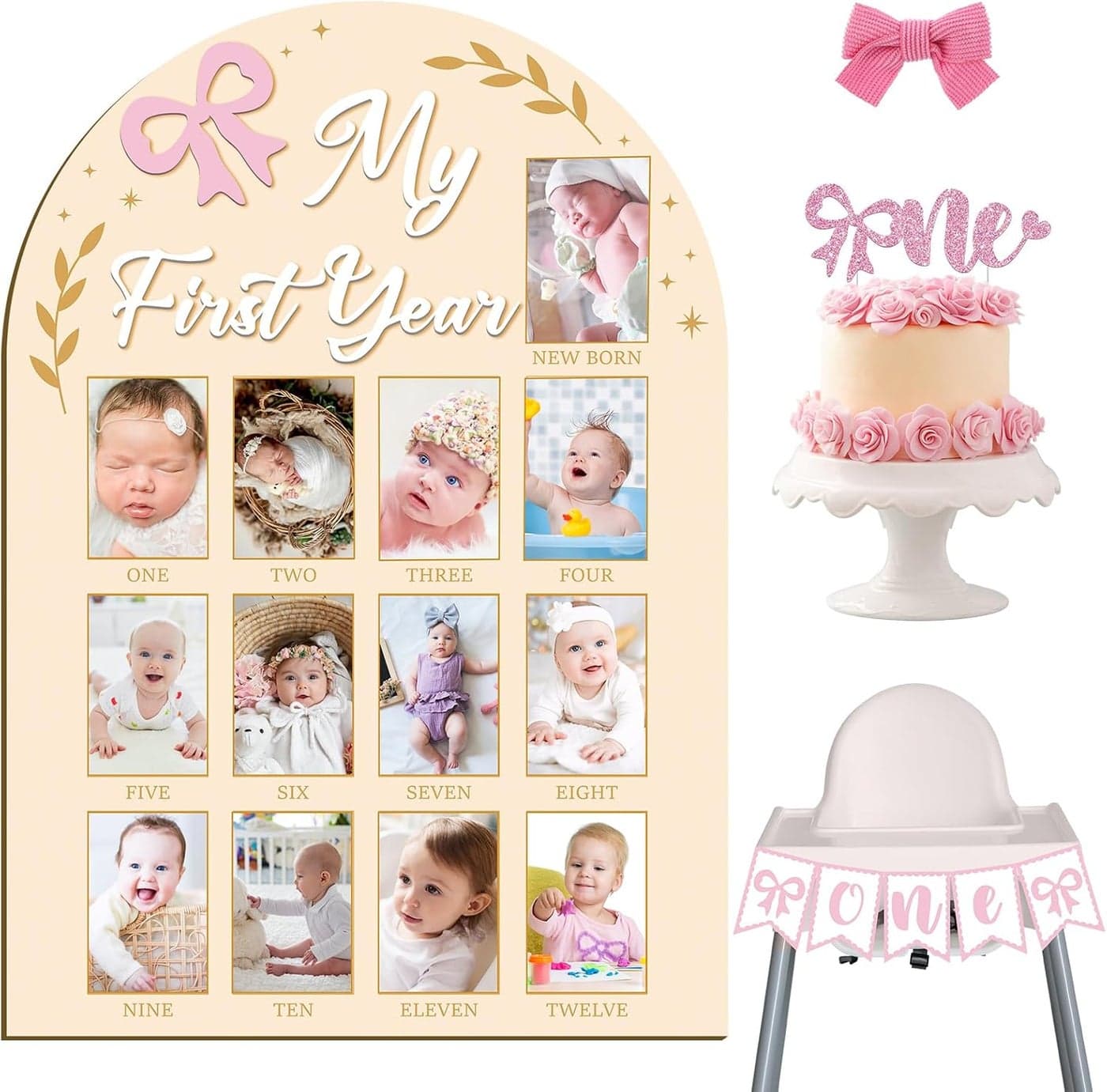My First Year Photo Frame Board 3D Coquette Pink Bow Monthly Milestone Photo Board First Birthday High Chair Banner One Cake Topper First Birthday Decorations for Girls
