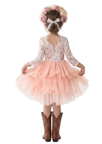 2Bunnies Girl Peony Lace Back A-Line Tiered Tutu Tulle Flower Girl Dress (Pink 3/4 Sleeve Short, 2T)