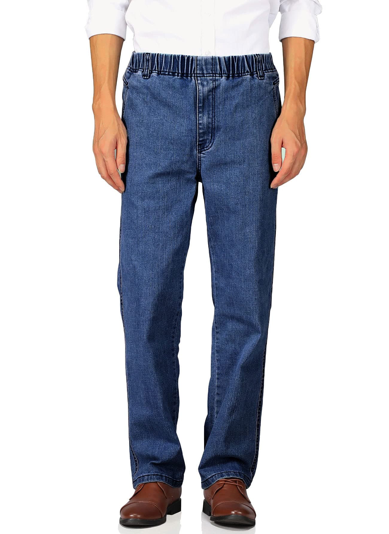 Soojun Mens Casual Loose Fit Elastic Waist Jeans Denim Pants Indigo 32W x 30L