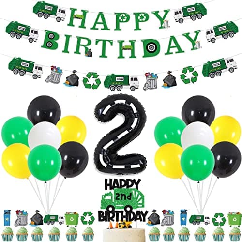 Balterever Garbage Truck 2nd Birthday Party Decorations Trash Truck Happy Birthday Banner Garland Cake Topper Cupcake Toppers for Waste Management Birthday Party Decor Supplies