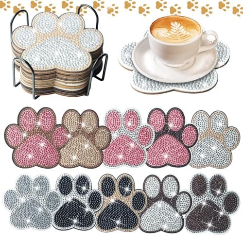 10 Pcs Dog Paw Shaped Diamond Painting Coasters Kits Cat Pet DIY with Holder for Beginners Adults and Kids Art Craft Supplies Gift…