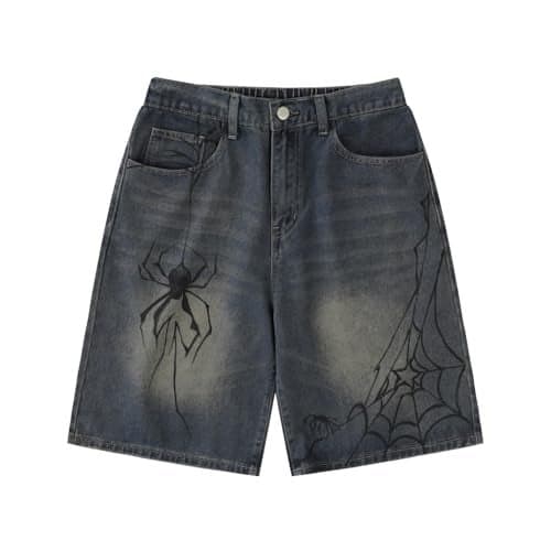 POHADON Y2K Blue Denim Shorts Summer Casual Loose Straight Leg Unisex Baggy Jeans Shorts Jorts Grunge Harajuku Streetwear (Spider,S)