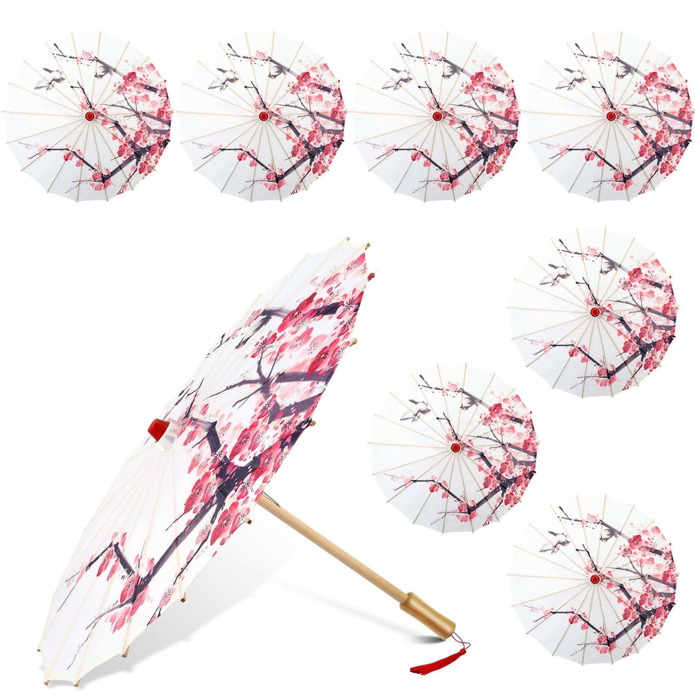 Dunzy 8 Pcs Oiled Paper Umbrella Chinese Japanese Classical Plum Blossom Paper Umbrella Parasol Art Dance for Wedding Decor22 x 15 Inch