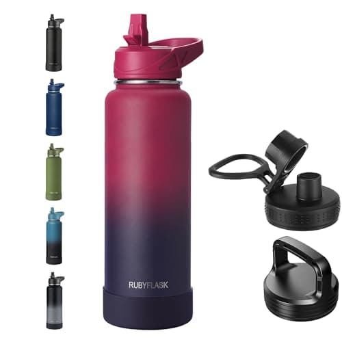 RUBYFLASK 40oz Insulated Water Bottle with Straw, Stainless Steel Metal Vacuum Water Flask, Large Thermal Water bottle with Leakproof 3 Lids for Travel, Camping, Gym Sports Dark Rainbow