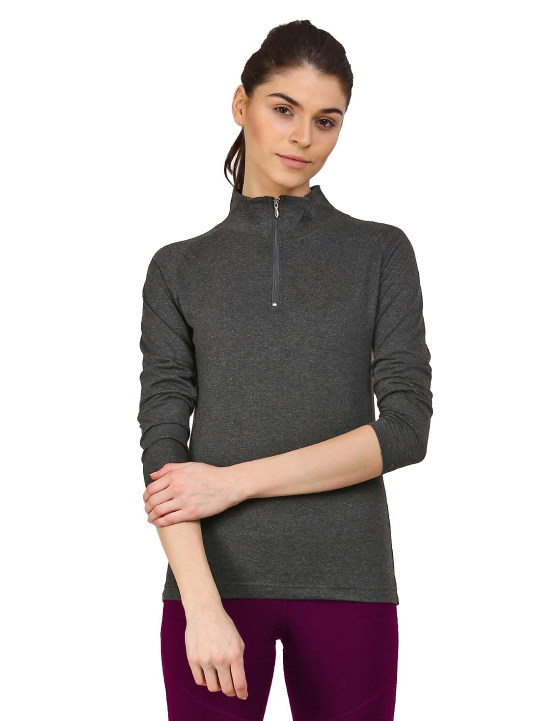 Ap'pulse Women's 1/4 Zip Slimfit Raglan Sleeve Tshirt (331_Charcoal_Large)