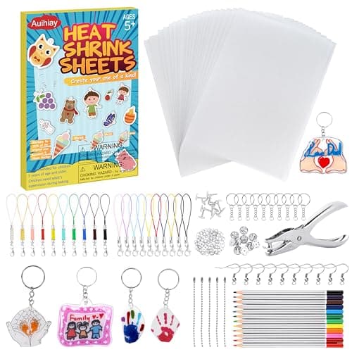 Auihiay 198 Pieces Shrink Plastic Kit Includes 20 Sheets Shrink Papers Hole Punch Keychain Accessories and Pencils for Shrinky Art and DIY Keychain Making Easter Mother Day Ornament