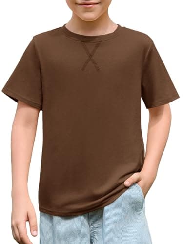 Haloumoning Boys T Shirts Kids Summer Crewneck Short Sleeve Tshirts Fashion Casual Tees 5-14 Years, Brown, 7-8 Years
