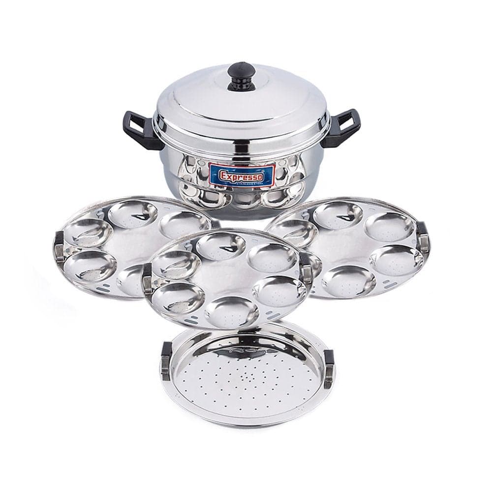 Expresso Stainless Steel Induction Bottom Base & Multi Kadhai 18 idli plate & 1 Steamer Plate, Compatible With Gas Stove