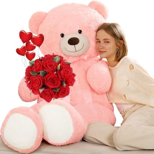 Tezituor 52 Inch Giant Teddy Bear Stuffed Animal Pink Big Teddy Bear Plush Toys for Girlfriend Kids Life Size Large Bear Plushies Gift for Valentines Day Christmas Birthday