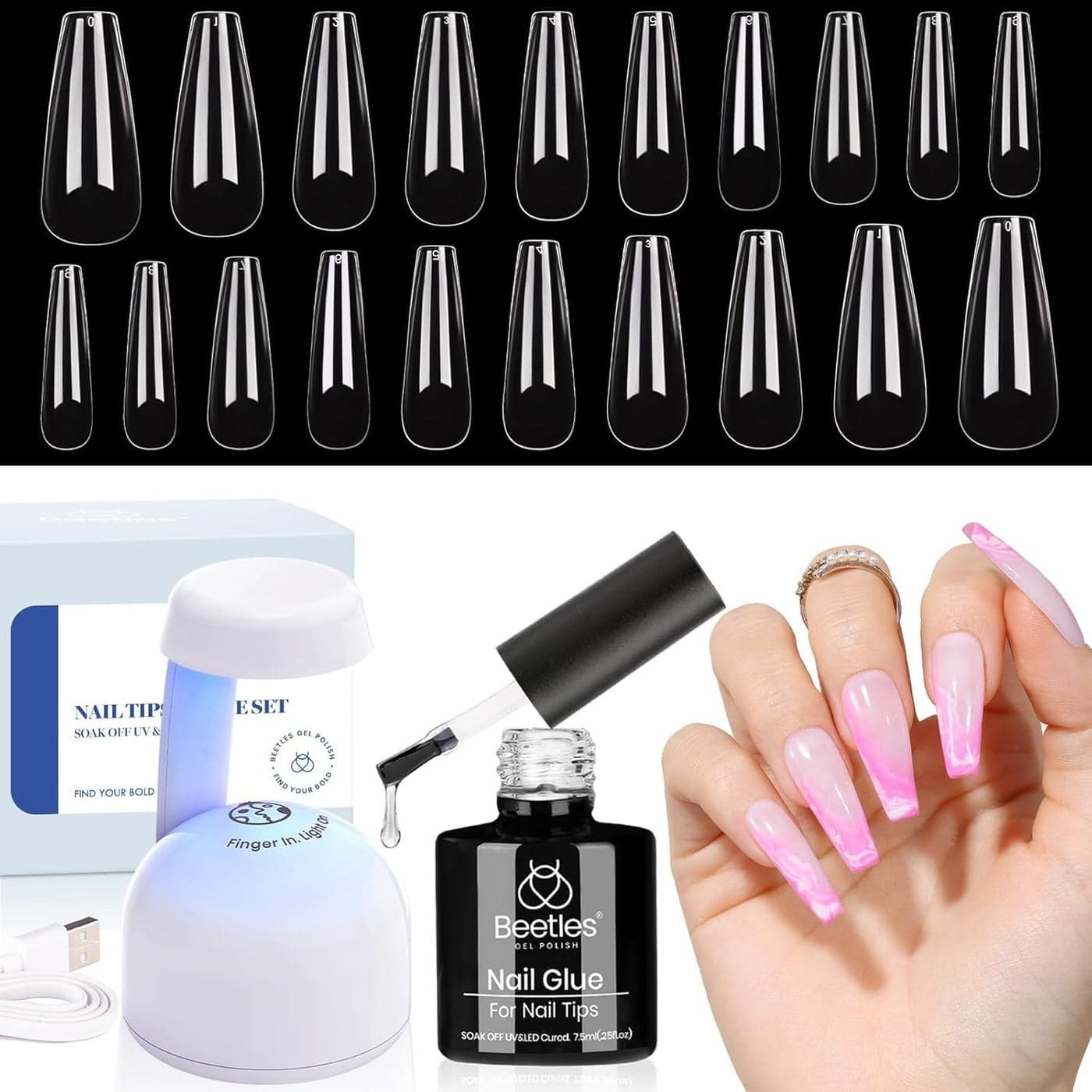 Beetles Nail Tips and Glue Gel Kit 2 In 1 Nail Glue and Base Gel with 500Pcs Coffin Nails and LED Lamp DIY Nail Art Acrylic Nail Kit Easy Nail Extension Set Gifts for Women Mothers Day