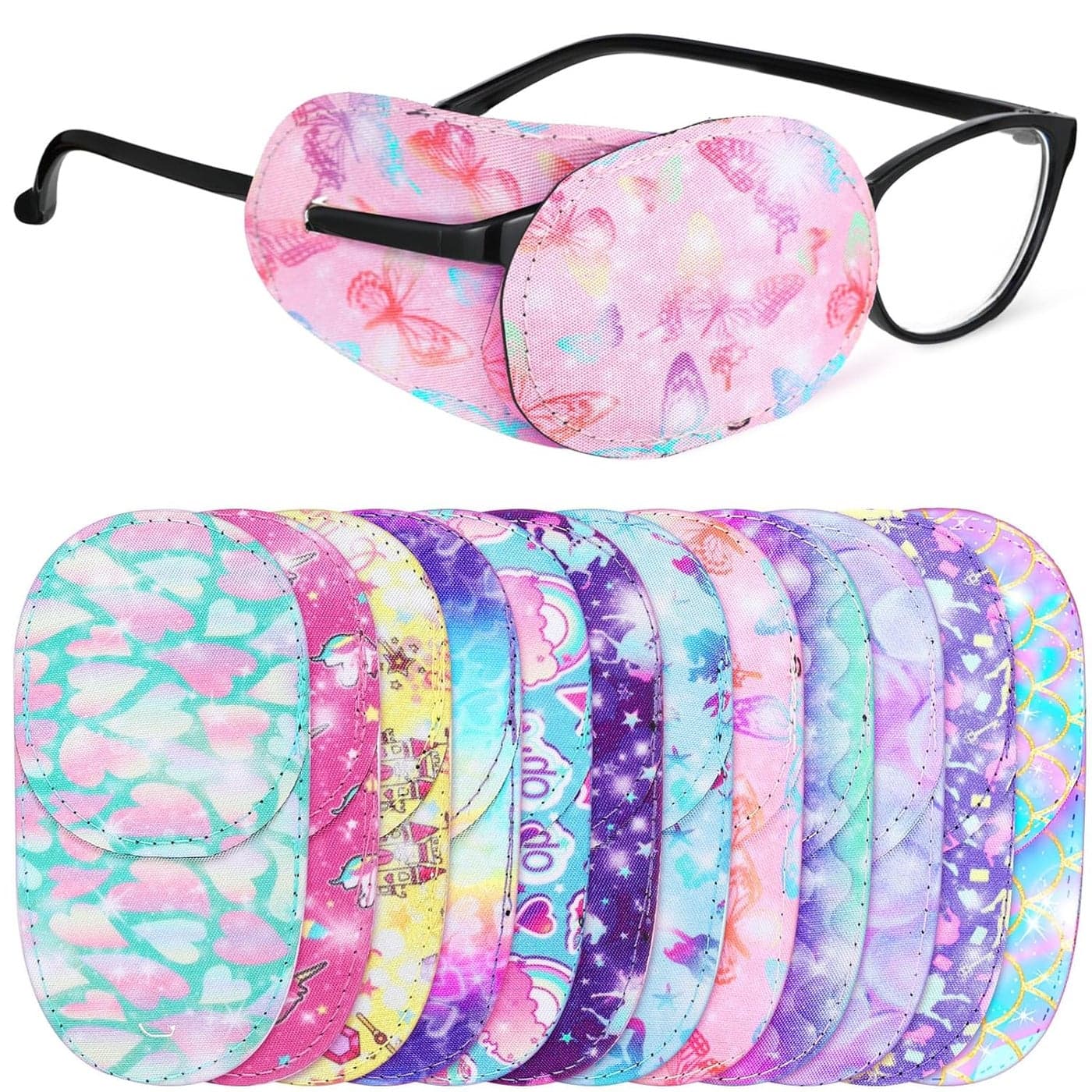 Newcotte 12 Pcs Eye Patch for Kids Toddler Reusable Adjustable Girls Boys Eyepatch for Glasses Left or Right Eye Patch Assorted PatternsMermaid