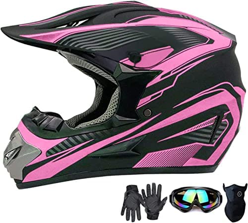 Motocross Helmet,Youth Kids Trend Full Face,ATV Motorcycle,Dirt Bike Downhill Off-Road Mountain Bike Helmet,DOT Certified,4-Piece Set (Pink, S)