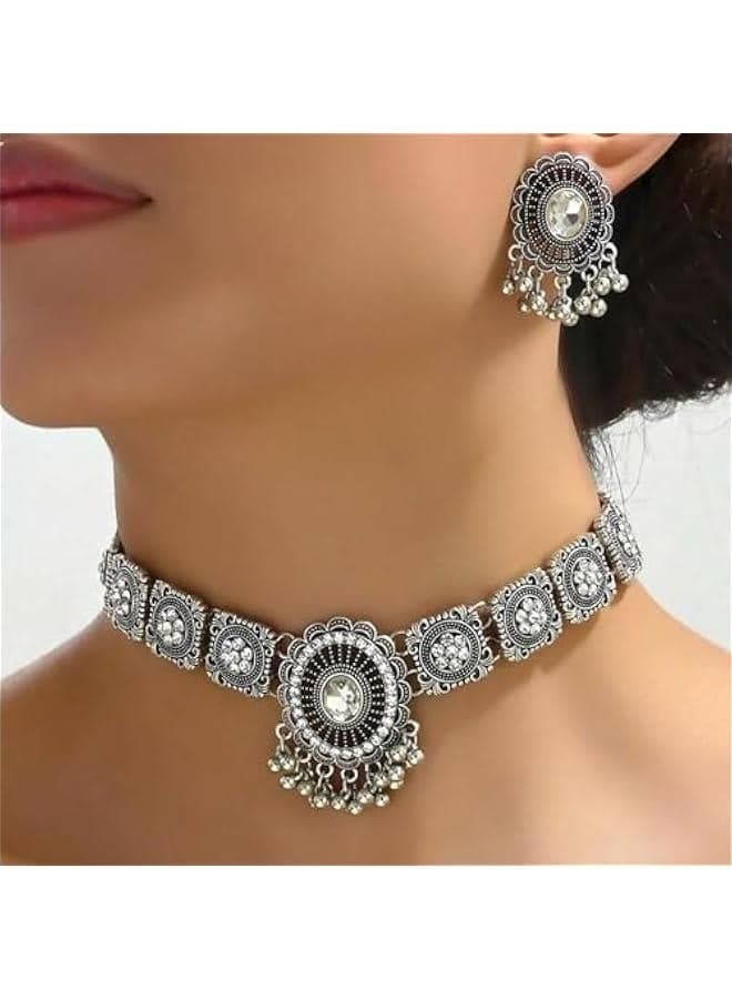 Indian Jewelry Sets for Women Bollywood Choker Necklace Earring Set Gold Jhumkas Indian Earrings Traditional Vintage Ethnic Accessories Indian Outfits Wedding Party Prom JewelrySXVPS