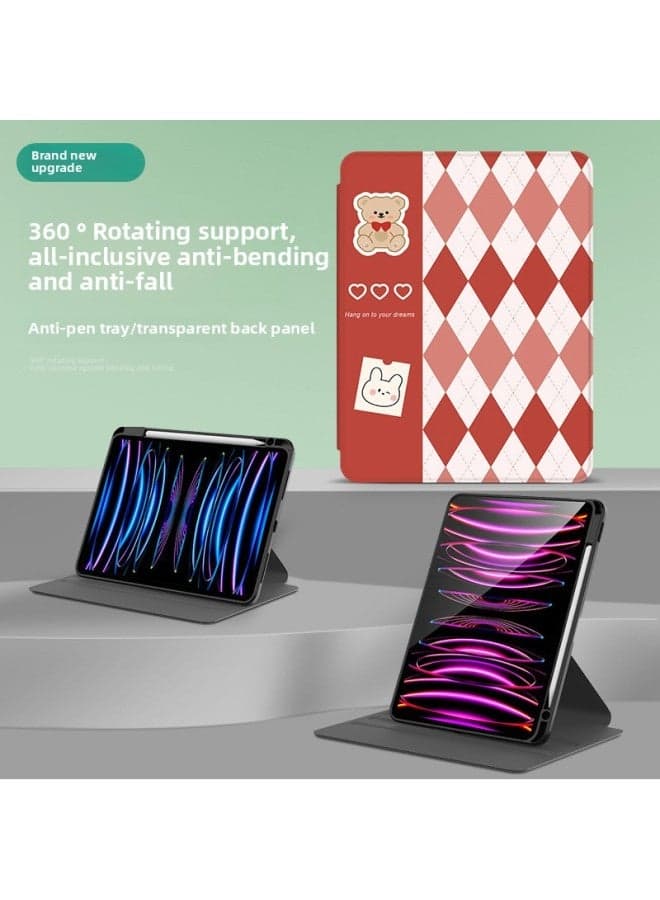Applicable 360-degree Rotating For Huawei Tablet Matepad11.5 Protective Case 11 With Pen Slot Glory Acrylic Shell-Color:【Rotating Anti-bending】 Red Rhombus Bear-Applicable Model:MatePad 11 【2021 Mod