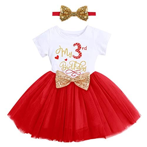 ODASDO Toddler Kids Girls My 3rd Third Birthday Party Dress Sequin Bowknot Headband Cake Smash Outfit Summer Cotton Short Sleeve A-line Tulle Tutu Princess Skirt Photo Props Red 3 Years