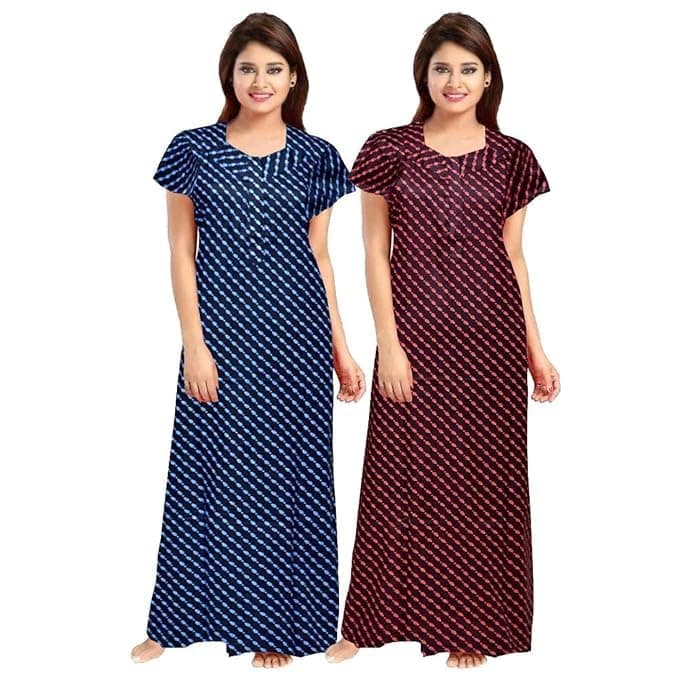 Vlazom Women's Pure Cotton Rajasthani Nighty & Jaipuri Maxi Gown – Pack of 2, Soft & Breathable Sleepwear (Blue&Maroon, Free Size)
