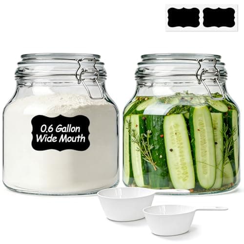 KTMAMA 0.6 Gallon 2 Pack Wide Mouth Glass Jars with Airtight Lid – Includes 1 Cup & 0.5 Cup Measuring Scoops & Labels, Ideal for Flour, Sugar, Coffee, Cereal, Rice & Dry Goods | Thick Glass, BPA-Free