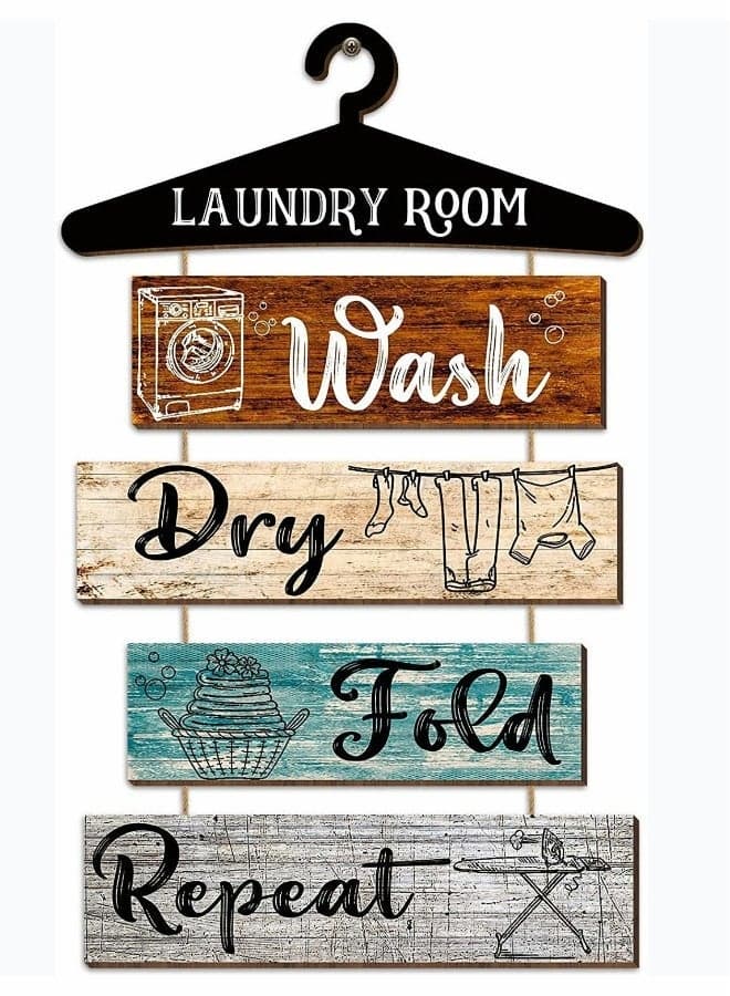 Laundry Room Wall Sign 5 Pieces Rustic Rules Hanging Wooden Wash Dry Fold Repeat Plaque Vintage Farmhouse Decororation 19.7x11 Inch