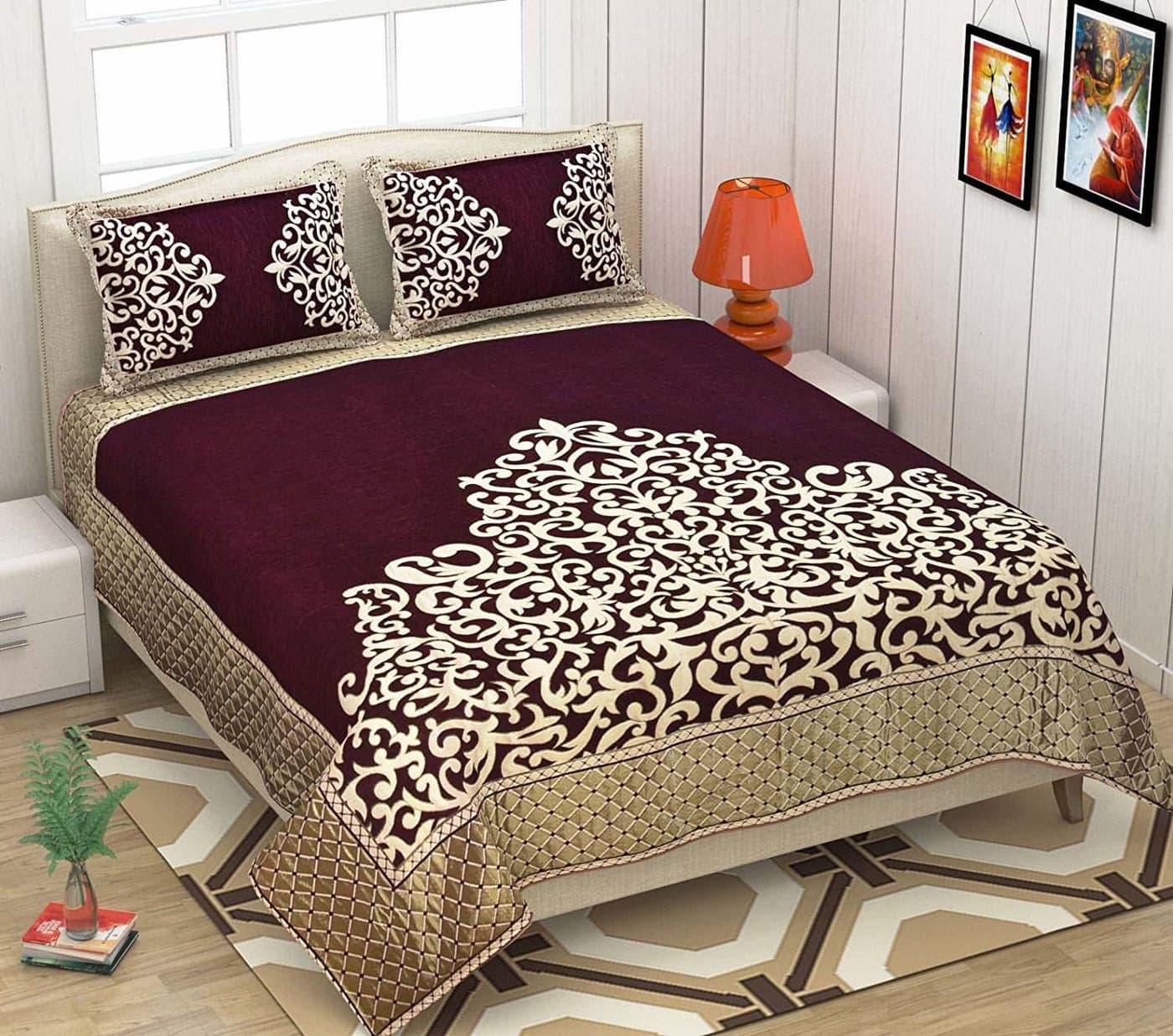 Fresh From Loom Chenille Velvet Floral 500 TC Heavy Bedsheet for Double Bed King Size 90 x 100 inch Wine Color with 2 Pillow Covers