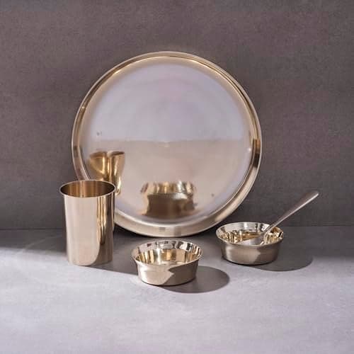 P-TAL Kansa Solid Dinner Thali Set (Set of 1) -5 Pieces (1Thali, 2 Bowl, 1 Glass, 1 Spoon), Gold