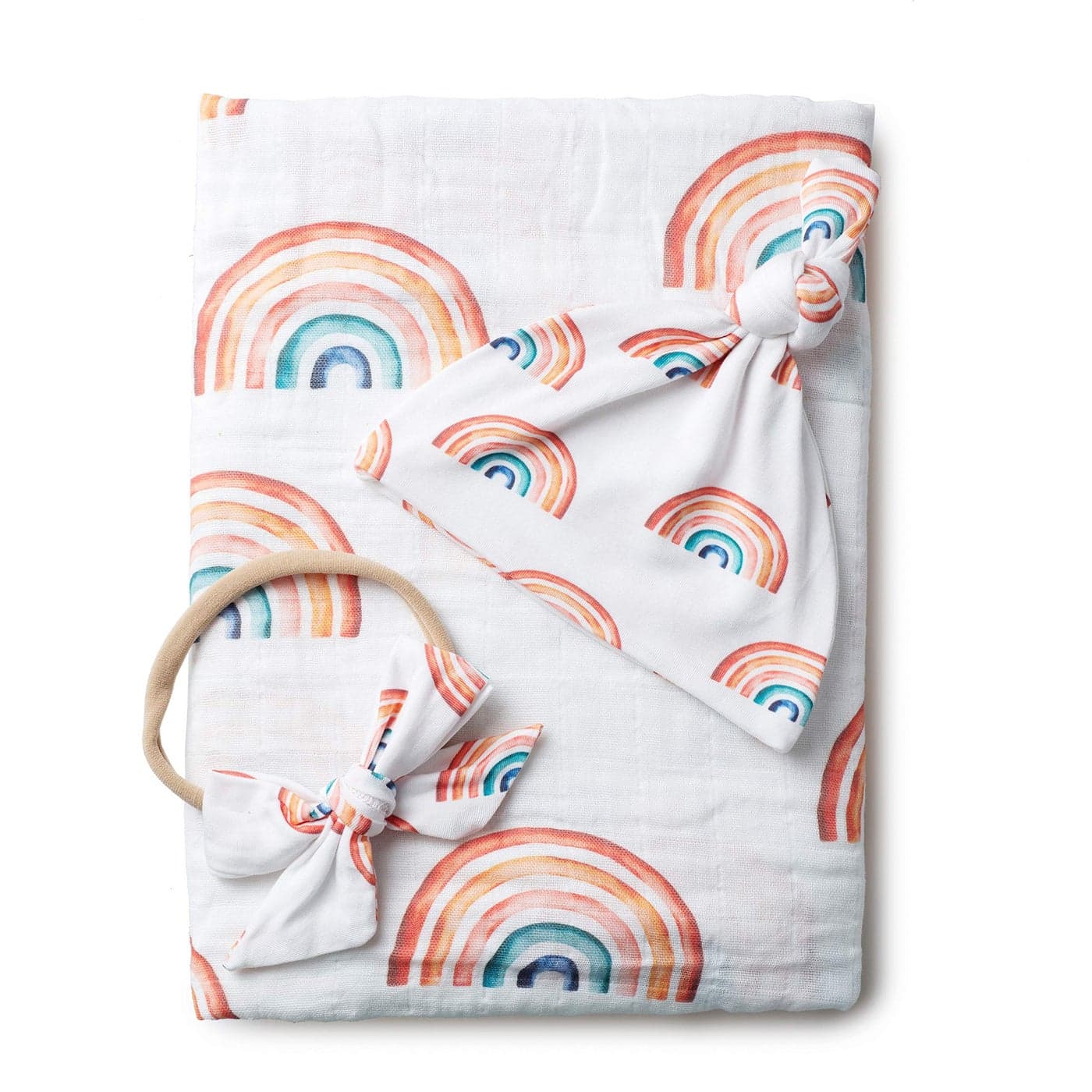 Miaoberry Organic Muslin Baby Swaddle Blanket and Hat Set Newborn Unisex Neutral Boy Girl Boho Rainbow Photo Props Birth Announcement Card