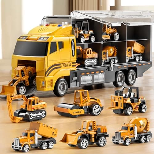 NIPLOOOW Toddler Boys Construction Truck Vehicle Toy Set with Play Mat and DieCast Toy Car Transport Carrier Truck for Kids 35 Birthday Gifts Toys for 38 Year Old Boys