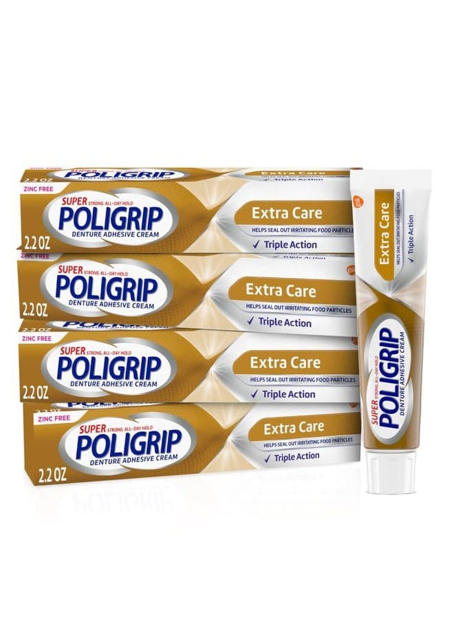 Extra Care Denture Adhesive Cream, Zinc Free Denture Cream - 2.2 Ounce (Pack of 4)
