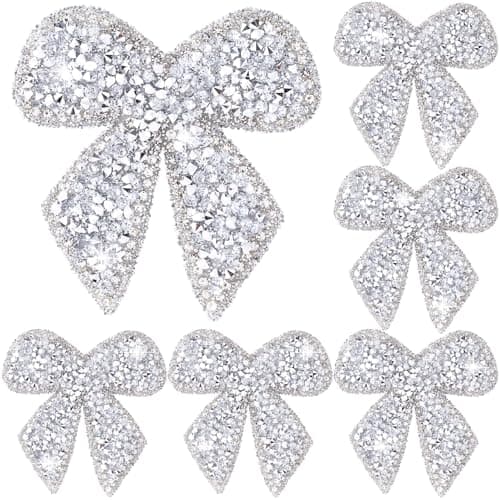 SmallCat 6 Pcs Bow Rhinestone Applique Patches Sparkly Crystal Bow Beaded Applique Iron onSew on Bowknot Patch for Jeans Sweaters Jackets Coats Shirts Bags Hats DIY Crafts Silver