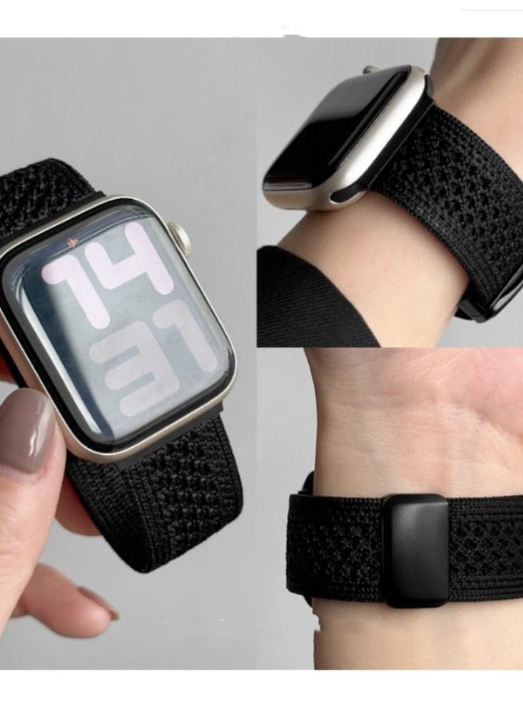 Breathable Knitted Nylon Knitted Magnetic Buckle Strap IWatch Sport Strap Black Suitable for iWatch Ultra 1/2 49mm