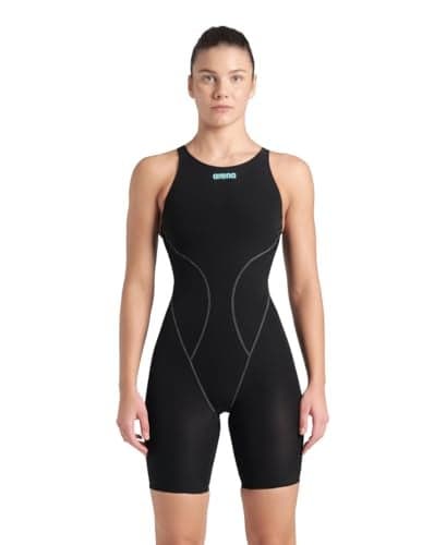 ARENA Powerskin Impulso Open Back Women's Competition Racing Swimsuit Full Body Short Leg Kneeskin One Piece Athletic Tech Swim Suit, Black Teal, US Size 26